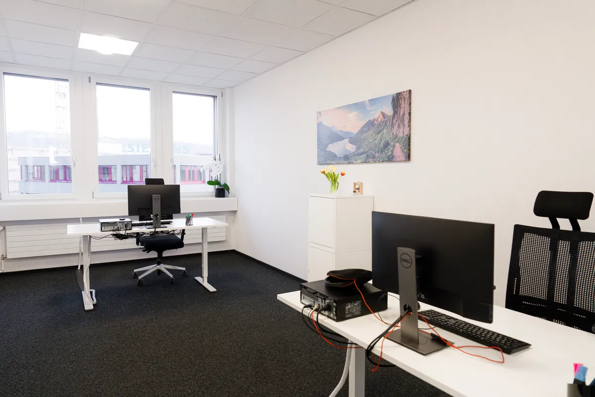 Ruhiges Zweier-Buero mit ergonomischen Bildschirmarbeitsplaetzen und moderner Einrichtung.