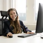 Erika lächelt mit Kopfhörern beim Telefonieren im Callcenter für professionelles B2B- und B2C-Telemarketing der Aurenus AG in der Schweiz.